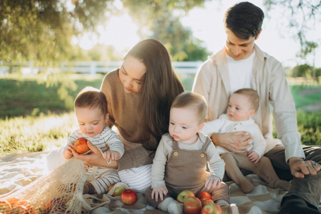 Gilbert family with their babies on a blanket in the park with apples.